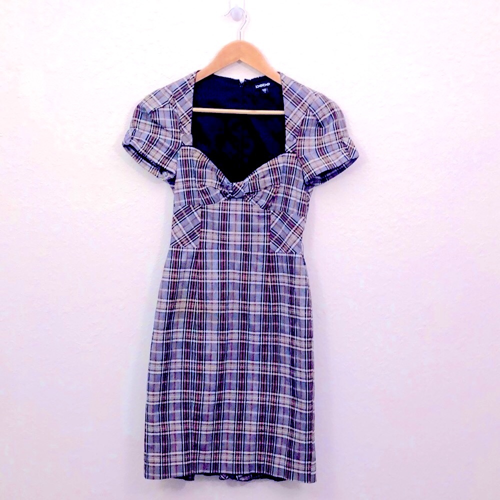 Bebe Plaid bow front bodycon ruffle back dress